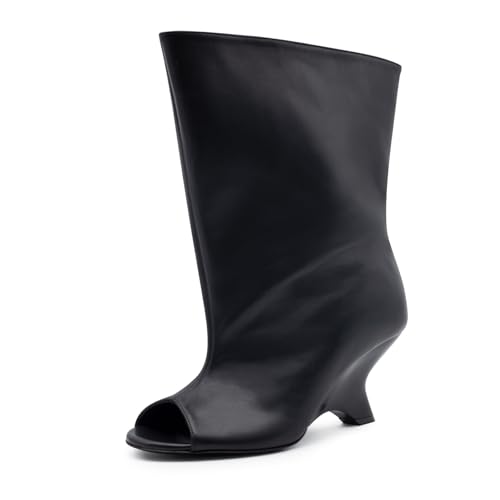 Goolita Summer Round Open Toe Wide Calf Ankle Boots For Women Fall Wedge Heels Pull On Slouchy Short Booties