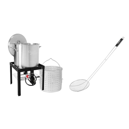 Creole Feast SBK0801 Seafood Boiling Kit with Strainer, Outdoor Aluminum Propane Gas Boiler SKM3602 36-Inch Stainless Steel Skimmer with 8" Bowl, Wire Strainer and Mesh Scoop