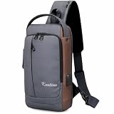 Mochila Transversal de Ombro Bolsa Anti-furto Impermeável estrada USB, Compartimentos Múltiplos, Compacta Trava com Código, 31x18x8cm Bolsa de Ombro Pequena, Masc Fem Unissex Premium (Cinza/Marrom)