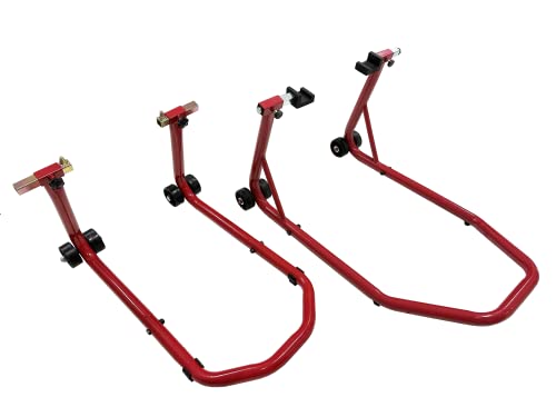 Par Caballetes Elevador Moto Paddock Garaje Delantera y Trasera Ajustable Cono + Placas Color Rojo con Ruedas Cover