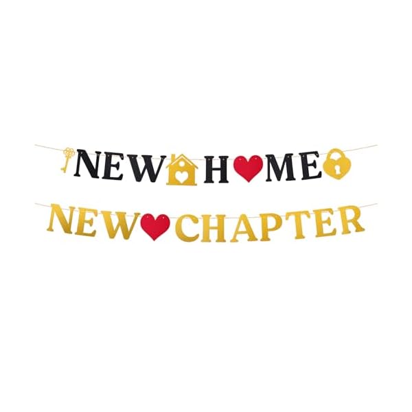 New Home Banner, Black & Gold Glitter New Home New Chapter Banner Backdrop Sign Pre-strung Housewarming Party Decorations for First New House House Warming Family Party Hanging Decor Supplies