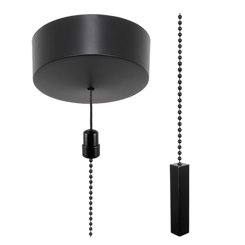 ElekTek Premium Matt Black Bathroom Light Pull Cord Switch Kit - Black Square Bar Black Chain