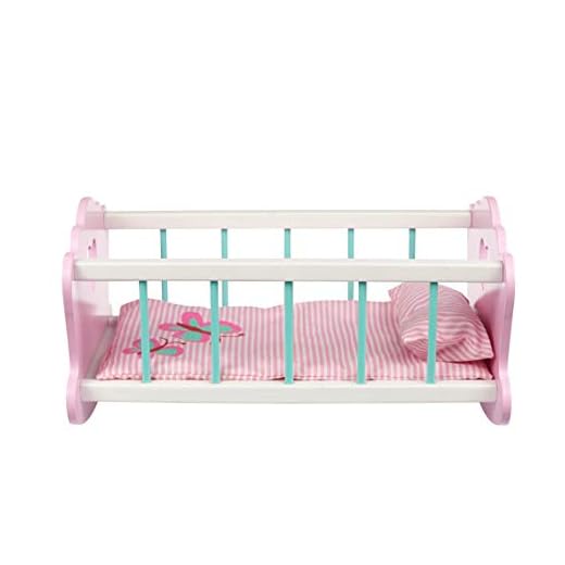 Toysters Wooden Baby Doll Rocking Cradle | Crib Includes Accessories - Matching Mattress and Pillow | Adorable Pink Bed Sized for Dolls Up to 20 Inches Tall | AT250