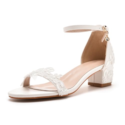Bridal Shoes Low Heel Women's Leather Peep Toe Sandals 1.8 Inch Short White Heels Wedding Party Evening Casual Low Heels for Women Applique Bridal Sandals for Wedding
