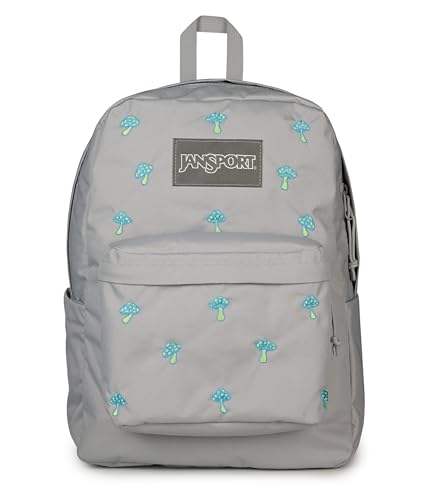 Image of JanSport Superbreak Plus FX Backpack - Work, Travel, or Laptop Bag with Water Bottle Pocket, Superbreak Plus Fx, Embroidered Shrooms Md Grey /E Azul /Bratty