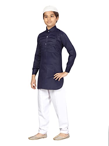 Image of Aarika Boys Navy Blue-White Color Pathani Kurta Pyjama with Cap Set (C PS-JK-102-NAVY-BLUE-WHITE-6)