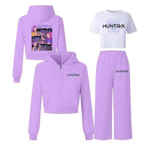 FQZWONG Kpop Girls 3 Piece Outfits Short Sleeve Shirt and Long Sleeve Hooded Jackets and Jogger Sweatpants Cartoon Sets