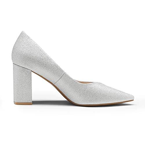 DREAM PAIRS Women’s High Chunky Closed Toe Block Heels Pointed Toe Wedding Party Elegant Slip On Pumps Shoes,Size 9,Silver,SDPU2229W
