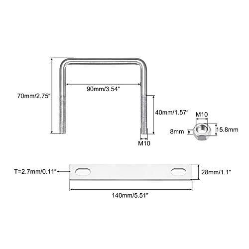Image of uxcell Square U-Bolts, 90mm(3.54 inch) Inner Width 70mm Length M10 304 Stainless Steel U Clamp Bolt with Nuts and Plates, for Boat Trailer