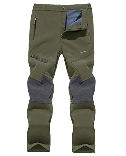 TOTNMC Soft Shell Pants Men Waterproof Skiing Pants Thermal Sports Pants for Men with 5 Pockets Fleece Lined Trousers Green