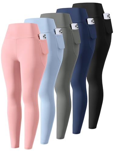 5 Packs Girls Athletic Leggings Kids Yoga Pants with Pockets High Waist Leggings Yoga Dance Workout Running