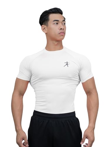 Image of Athflex Edge Compression T Shirt Compression T Shirt for Men Polyester Spandex Stretch Training Running Fitness Gym Workout Activewear Athletic Top White