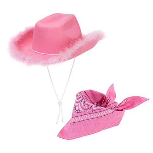 Cosmic Chameleon Pink Boa Cowboy Hat with Paisely Bandana, Rodeo Princess Hat for Adult, Cowboy Hat for Dress-Up, Bachelorette Parties, Halloweens & Play Costume