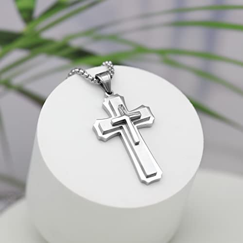 Silver deer [Hypoallergenic Cross Necklace for Men【2in DIY extension】 Stainless Steel Plain Cross Pendant Necklace for Men Box Chain 21.65in4
