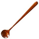 Long Soup Spoons, 1 Pieces Korean Style 11 Inches 100% Natural Wood Long Handle Round Spoons for Soup Mixing Stirrer Kitchen Tools Utensils