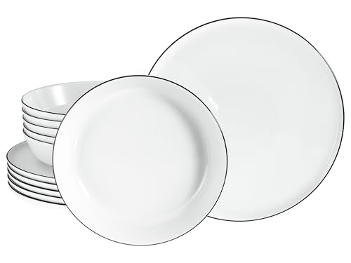CreaTable, 21966, Serie Chef Collection Black Line, 12-teiliges Geschirrset für 6 Personen, Tafelservice aus Porzellan, spülmaschinen- und mikrowellengeeignet, Made in Europe