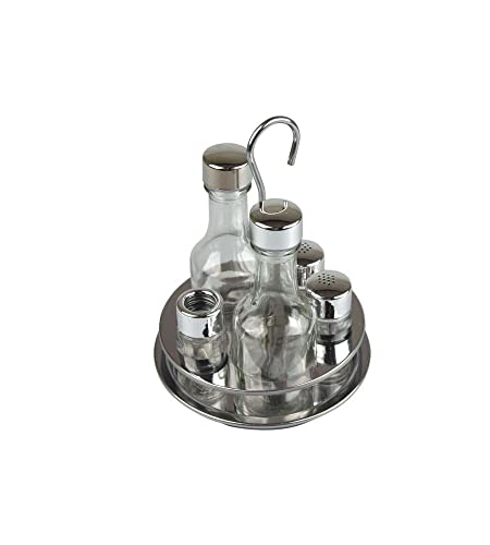 Gierre 6492500 Oliera 5 Pezzi in Vetro con Struttura in Acciaio Inossidabile e Tappi in Plastica, Colore Acciaio, Cm 16 X 22 H