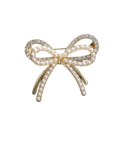 Image of Bow Knot Brooch Rhinestones Pearl Bow Lapel Pin Alloy Pearl Brooch Satin Ribbon Bow Badge Women's Dress Shawl Sweater Decoration