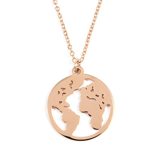 Happiness Boutique Damas Collar con Mapa del Mundo en Oro Rosa | Collar Delicado con Colgante Círculo Joyería de Acero Inoxidable