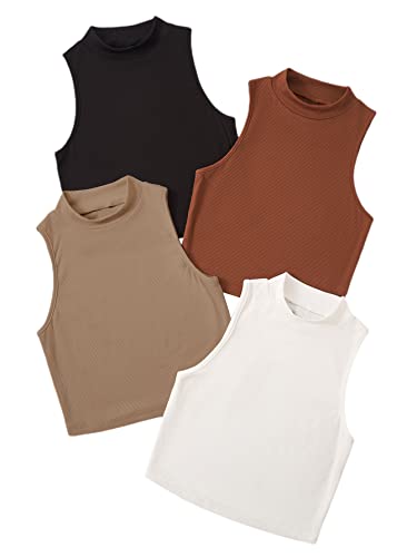 Shein Women's 4 Piece Mock Neck Crop Top Basic Sleeveless Ribbed Knit Cami Crop Tank Tops Large Black Brown Khaki White #TOP6