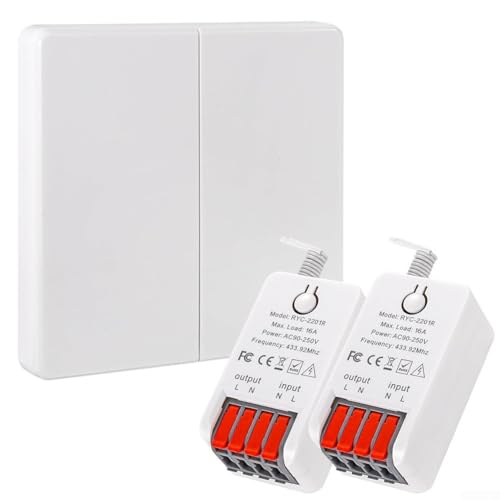 Kit interruttore della luce wireless con pannello a parete 86, telecomando a lungo raggio e ricevitore relè 16A per illuminazione domotica ed elettrodomestici (1 interruttore 2 ricevitore)