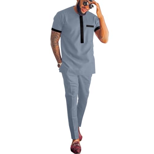 Men's African Dashiki Suit Splice Velvet Clothing Short Sleeve Shirt and Pant 2 Piece Set Traditional Fashion Attire