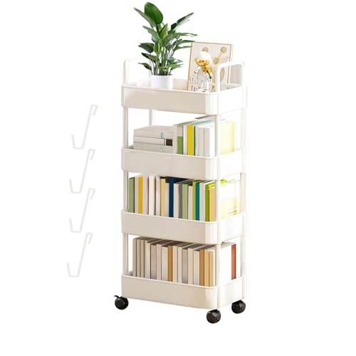 4 Niveles Estantería Móvil Con Rueda | Carrito De Almacenamiento Para Libros | Carrito Multifuncional | Organizador Multiusos Para Carrito Libros Con Ruedas Para El Hogar, Escuela, Cuarto Lavado
