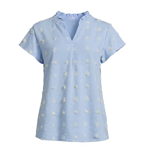 AEJENNIO Girls Shirts Short Sleeve Chiffon Shirts Swiss Dot Blouses Top Teen Girls V-Neck Tunics Tee Size 9-14 Years Blue
