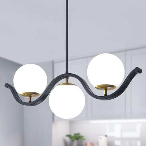 Yidelloc Island Lights for Kitchen 3-Light Dining Room Light Fixture, Black and Gold Kitchen Island Lighting Glass Globe Chandelier Modern Pendant Light Fixtures for Living Room Dining Room -  b066-3
