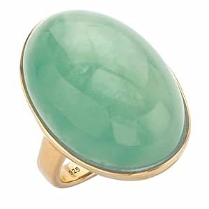 PalmBeach Jewelry 14K Yellow Gold Plated Sterling Silver Oval Shaped Genuine Aquamarine or Green Jade Cabochon Ring Size 7