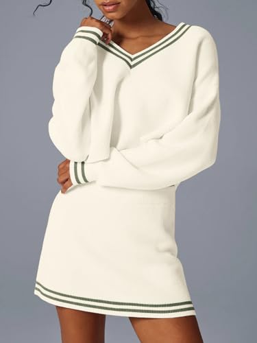 Fisoew Womens 2 Piece Outfits Casual Long Sleeve V Neck Knit Cropped Sweater Mini Skirt Sets Fall Loungewear2