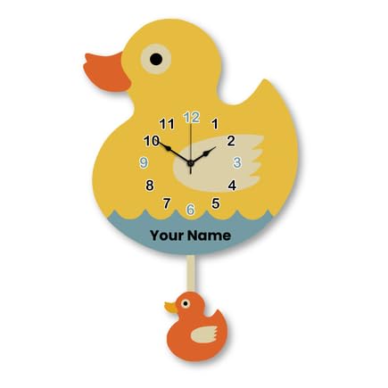 Image of Personalised with Your Name, Ducky Design Pendulum Wall Clock for Kids Room, Decorative Analog Timepiece with Swinging Element, Cute Bird Theme Home Accent for Bedroom, Nursery, Playroom