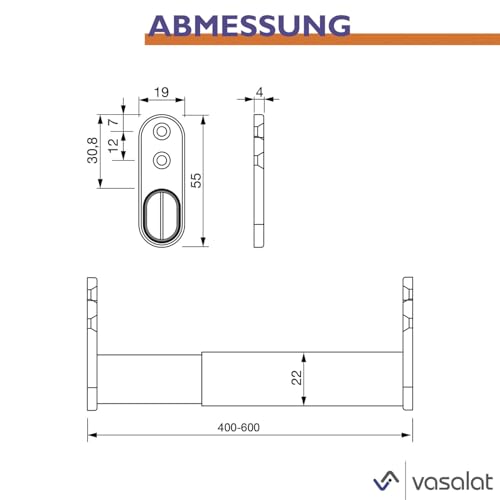 vasalat Kleiderstange ausziehbar 40-60 cm, robust & vielseitig - ausziehbare Kleiderstange, Garderobenstange bis 20kg belastbar - Schrankrohr ausziehbar mit Halterung