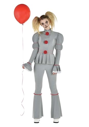 Womens IT Pennywise Clown Costume | Adult Evil Sewer Clown Killer Outfit with Ruffle Accents Red Pom Poms Small