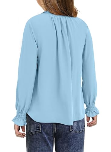 Image of DOKOTOO KIDS Girls Dress Shirt Long Sleeve Blouse Fall Tops Size 7-15 Years | V Neck, None Elastic Breathable Fabric, Ruffle Smocked Sleeve, Solid Pull on, Uniform Formal Western Thanksgiving