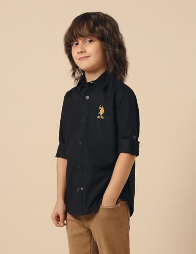 Image of U.S. Polo ASSN. Solid Cotton Shirt for Boys - Spread Collar, Long Sleeves, Regular Fit Shirt for Kids