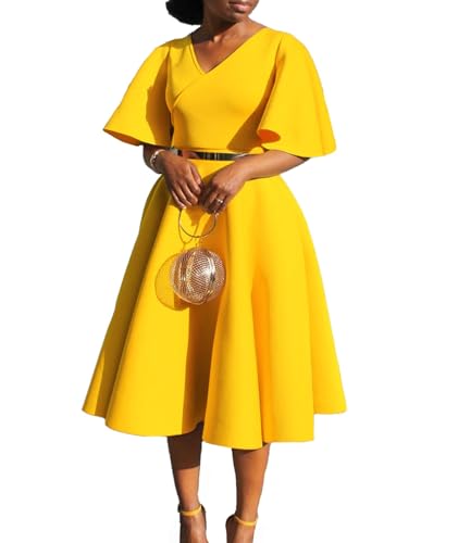 Image of SOMTHRON Women's Wrap V-Neck Ruffle Short Sleeve Midi Dress Elegant A Line Flowy Flared Cocktail Church Dress