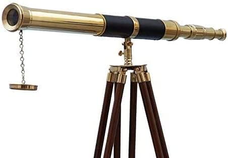 60 Inches Floor Standing Admirals Solid Brass Black Leather Marine Telescope, Nautical Home Decor Fully Functional Decorative Maritime Telescopes with Wooden Tripod Stand