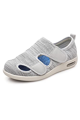 ZUMEIJIA Women's Diabetic Shoes for Women Casual Velcro Adjustable Walking Shoes Wide Shoes for Elderly Swollen Feet Non-Slip Air Cushion Bottom Fattening and Widening Light Grey 6.5