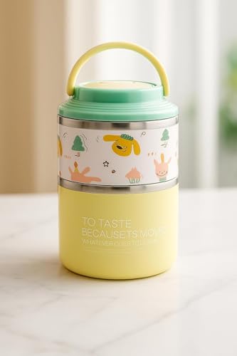 Image of Insulated Stainless Steel 1060ml Lunch Box with 350ml Tumbler | Leakproof Hot Cold Food Container | BPA-Free Cute Tiffin Box for Kids, School, Office, Travel, Picnic Combo (Yellow)