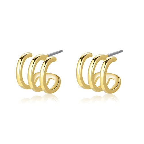Image of Obidos 14K Gold Plated Illusion Stud Earrings for Women | Triple Huggie Hoop Earrings for One Hole| Trendy Simple Hypoallergenic Fashion Accessories Gold Jewelry Gifts for Womens