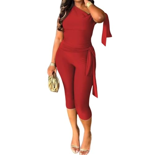 Ophestin Womens Two Piece Outfits Summer Sexy Shorts Set Off The Shoulder Bodycon Foldover Capri Pants Sets Red XL