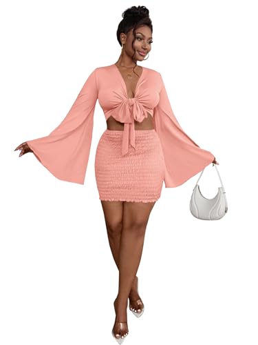 Image of LYANER Women 2 Piece Vacation Outfits Tie Knot Front Bell Long Sleeve Crop Top and Mini Skirt Summer Set