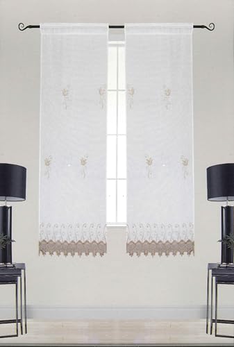 HOME ZEN HOUSEHOLD LINEN Cortinas para ventana, par de 2 unidades, 60 cm de ancho, 150/240 cm de largo, blanco a rayas con volante de macramé, ojal único (topo, 60 x 150 cm)
