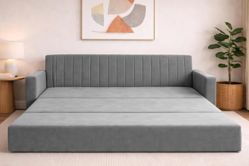 Image of Sofa-Cum-Bed | Three Seater Couch with Armrest Sofa | Modern Velvet Fabric Sofa for Living Room, Bedroom & Office Grey