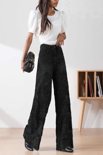 Women's Lace Patchwork Jeans High Waisted Straight Wide Leg Hollow Out Sheer Flower Baggy Lace Jeans4