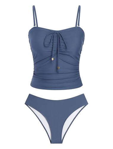 Image of ZAFUL Bandeau Tankini Swimsuits for Women Tummy Control Slim Fitted Swimwear Strapless 2 Piece Bathing Suit