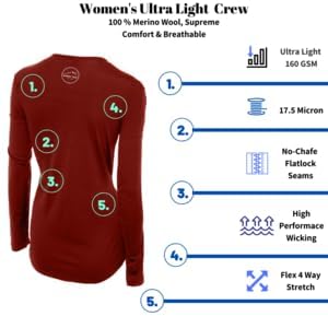 Women's 100% Merino Wool Long Sleeve Shirt - Moisture Wicking - Ultralight and Soft - Odor Base Layer4