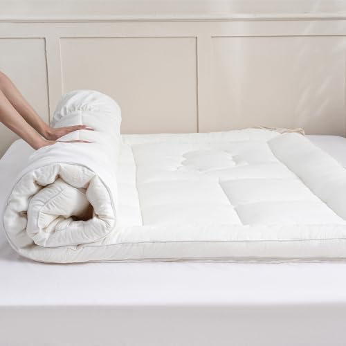 YOUR MOON 100% Organic Wool Mattress Topper Twin Size – 2 Inch Thick Pillow Top Mattress Pad, 700GSM Natural Wool Filling, Back Pain Relief Bed Topper with Cotton Cover-16'' Depth, 39"x75" (White)
