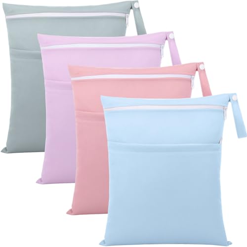 SATINIOR 4 Pack Wet Dry Bags for Baby Cloth Diapers 12x14 Washable Travel Swimsuit Wet Bags Reusable with Two Zippered Pockets for Yoga Gym Swimsuits Travel Beach Pool Soiled Items(Morandi Color)